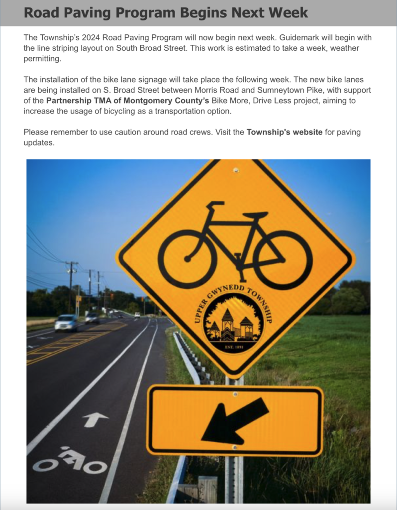 UG Newsletter info on installation of bike lanes on South Broad Street.